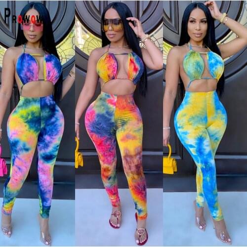 Prowow Fashion Tie Dye Women Jumpsuits Lace Up Halter Backless One Piece Romper 2021 New Summer High Waist Female Clothing