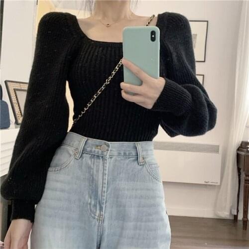Jumper Sweet Cropped Knitwear Pullovers Fall 2021 Woman Sweaters for Women Sexy Square Collar Lantern Sleeve