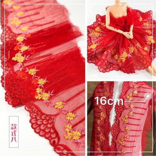 2Meters 16cm Width Yellow Flower Red Mesh Tulle Embroidery Lace Trim Trimmings Dress Accessories Fabric Sewing Crafts New