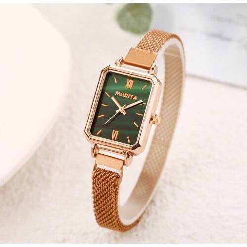 Women Watches Fashion Square Ladies Quartz Watch Bracelet Green Dial Simple Rose Gold Mesh band Simple Women Watches