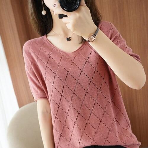 Summer Womans T-Shirt Chic Casual V-Neck Short Sleeve Female Pullover 100% Cotton Knitted Hollow Thin Clothes Tees Tops Jumpers
