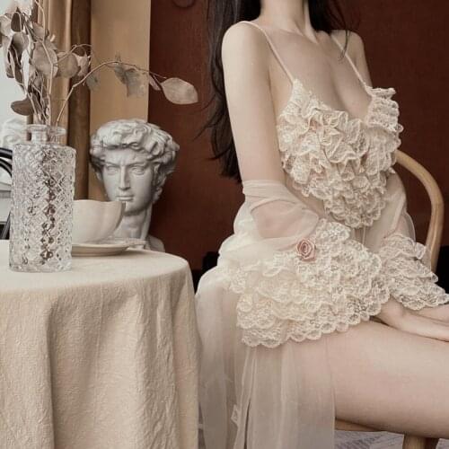 Robe Pajamas Set Lolita Fairy Ruffles Bodysuit Home Clothes 2021 New Sexy Lace Beauty Back Transparent Bodysuit Mesh See Through