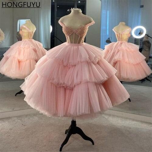 HONGFUYU Pink Beading Sweetheart Short Prom Dresses Custom Tiered Tulle Ball Gown Cocktail Party Dress robe de soirée de mariage