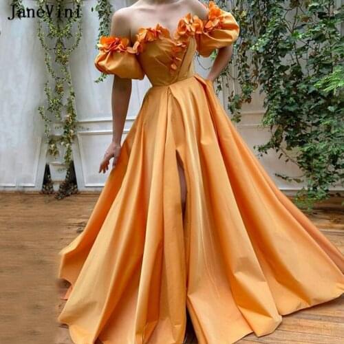 JaneVini Charming Light Orange Long Prom Dresses A Line 2020 Sweetheart Short Sleeve Flowers Side Split Satin Women Formal Dress