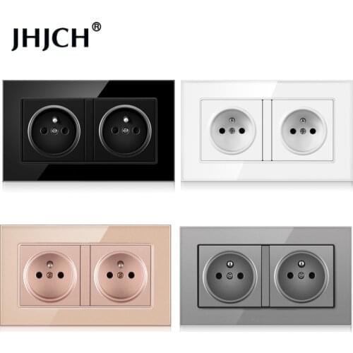 JHJCH-enchufe de pared de doble marco de Francia, panel de cristal blanco/negro de 16A y 220V, 146mm x 86mm, toma de corriente d