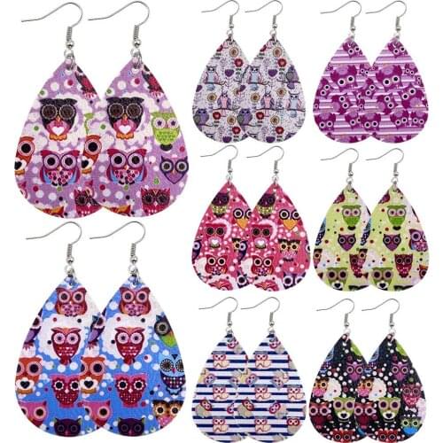Classic PU Leather Teardrop Dangle Earrings Owl Print Fashion Water Drop Pendientes Earrings For Women Jewelry Gifts