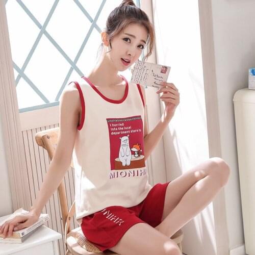 Summer Womens Shorts Cotton Cartoon Cute Pajamas Set Night Wear Sleeveless Loose Sleepwear Plus Size 3XL Home Clothes Nightwear