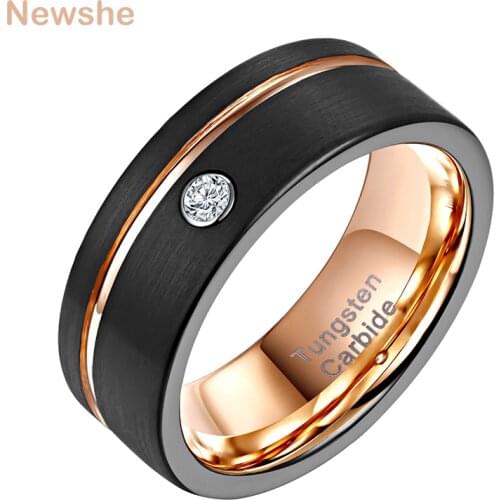 Newshe Two Tone Tungsten Carbide Rings Mens Charm 8mm Black Gold Color Wedding Bands AAA Zircon Groove Size 9-12