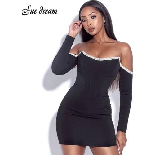 2021 New Products WomenS Corset Bodycon Long Sleeve Sexy Off Shoulder Halter Bandage Mini Dress Crystal Celebrity Club Party