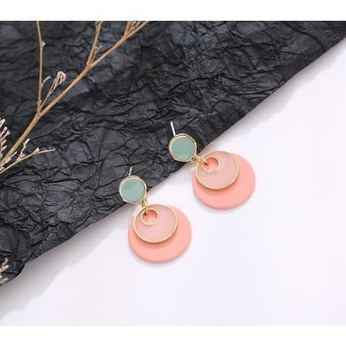 New Korean Statement Geometric Round Drop Earrings for Women Cute Romantic Pink Color Party Wedding Fashion Jewelry 2021