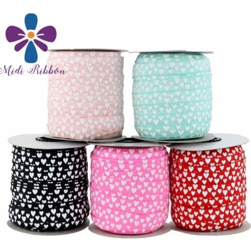 NEW STOCK 5/8"16mm Ink Pringting White Heart Patterns Print Fold Over Elastic Ribbon 50yards/roll Hair Band Making