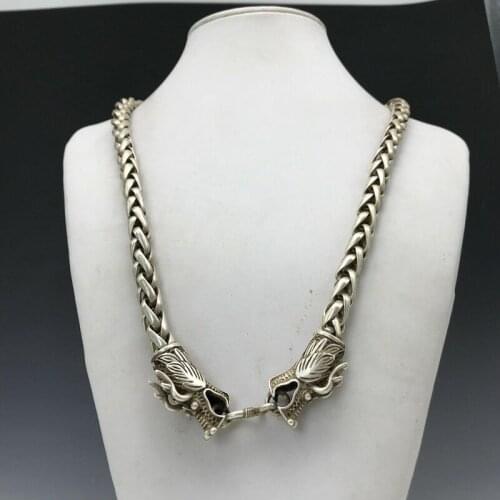 Old Chinese Tibet silver hand carved dragon head necklace