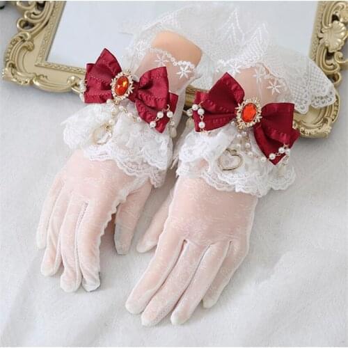 Lolita Gloves Hand Wrist Cuffs Bowknot Lace Trim Maid Cosplay Accessories For Women Girl Party B1906