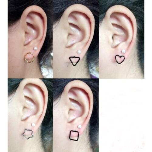 Simple Triangle hollow titanium Earrings Five star Round 316L Stainless Steel Ear Stud Tragus Bone Punk Dia Heart Square