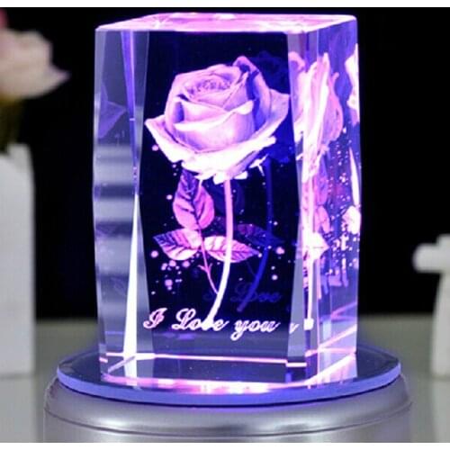 Rose 3D Laser Engraved Crystal Block Glass Led Engraving Cube With Rotary Music Base for Christmas Present