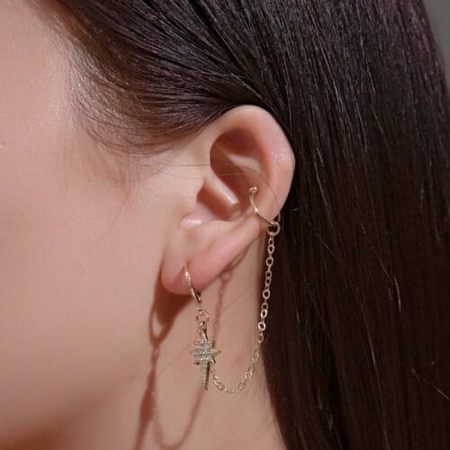 Women Small Hoop Earrings Star Tassel Chains Ear Cuff Gold Color Clips on Earrings Earcuff Female Trendy Jewelry Accessories