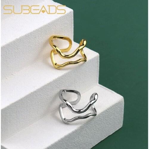 Subeads 925 Sterling Silver Irregular Double line Open Rings For Women Female Finger Geometric Adjustable Rings Fine Jewelry