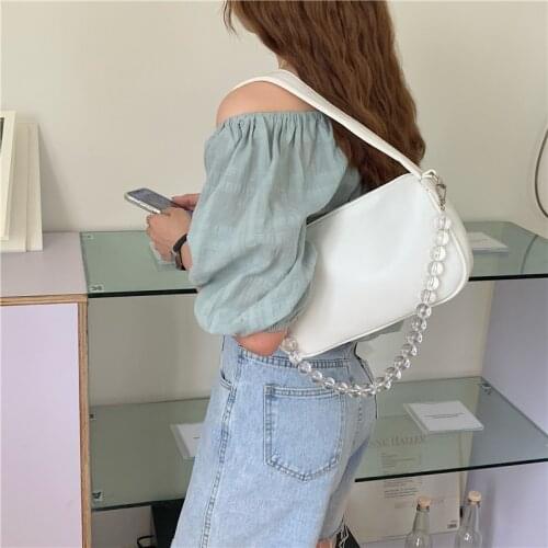 Summer Fashion Designer Bag for Women Transparent Beaded Chain Shoulder Bag Female Portable Underarm Bags PU Purse Handbags