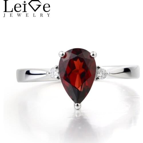 Leige Jewelry Real Natural Garnet Ring Engagement Ring January Birthstone Pear Cut Red Gemstone Solid 925 Sterling Silver Gifts