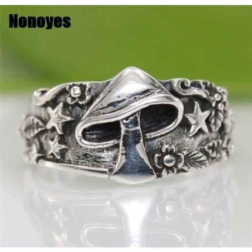 Vintage Mushroom Star Flower Pattern Silver Ring for Women Men Punk Statement Couple Ring Nightclub Hip Hop Anniversary Jewelry