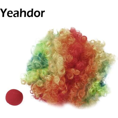 Funny Clown Cosplay Costume Curly Wigs Headwear Red Sponge Nose Set for Halloween Roleplay Props Pretend Play Masquerade Tools