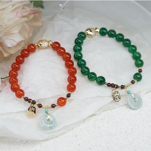 Lucky Round Natural Jade Pendant Fish Red/Green Agate Garnet Beaded Bracelets for Women Female Fine Jewelry Accessories YBR485