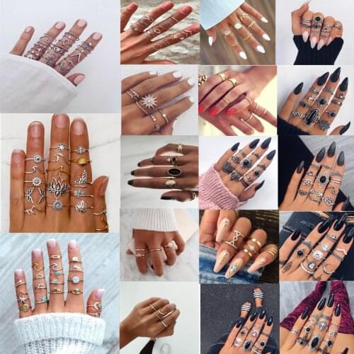 GIVVLLRY Black Opal Rhinestones Crescent Crown Chic Rings for Women Bohemian Feather Flower Fishtail Shell Charm Ring Set