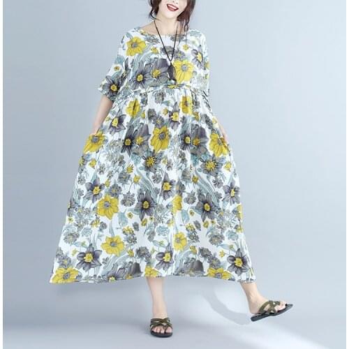 2020 Summer New Women Fashion Cotton Linen long Dress print loose casual Vintage Dress Vestidos plus size Spring dress