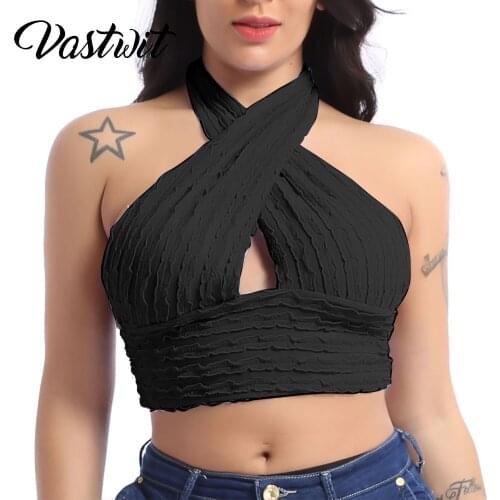 Women Halter Neck Pleated Crop Top Fashion Party Clubwear Backless Knitted Vest Knitwear Camisole