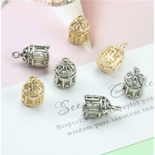 Julie Wang 10PCS Small Alloy Birdcage Charms With Man-made Pearl Golden Silver Color Pendant Bracelet Jewelry Making Accessory