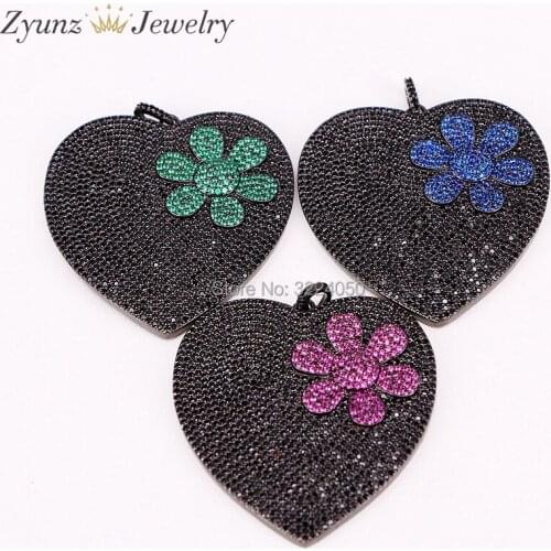 3PCS Micro Pave Cubic Zirconia Heart Pendant, Gun Black Plated Pave CZ Crystal Zircon Shiny Pendant