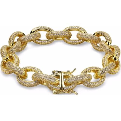 Bling Bling 24 Gold Filled Round Chain Bracelet For Men Hip Hop Iced Out Prong Setting Rhinestones CZ Bracelets Rapper Jewelry