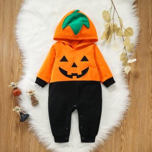 0-24M Toddler Halloween Jumpsuit Applique Smiling Face Hooded Long Sleeves Romper for Baby Girls Boys