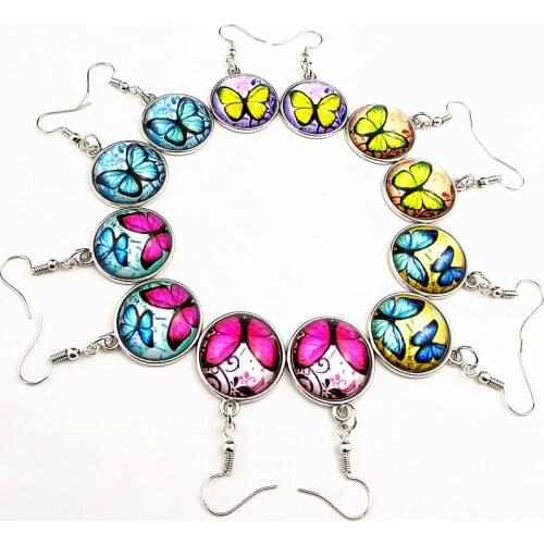 Jiangzimei 24pairs butterfly Ancient Silver alloy black wood Glass earrings;French ear hook ear pendants for girl women