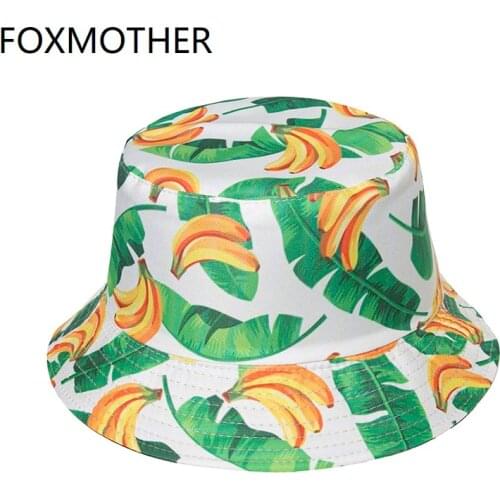 FOXMOTHER New Spring Summer Black White Yellow Color Fruit Leaf Banana Print Fisherman Hat Sun Fishing Caps Adults Woman Man