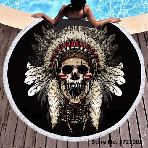 Modern Indian Skull 3D Printed Round Beach Towels Microfiber Made Beach Towel With Tassle Around Picnic Mat Blue Yoga Mat