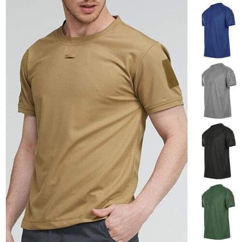Summer Men T-shirt Solid Color Quick Drying Military Short Sleeve O Neck Blouse Top Slim Training Sport Tee Streetwear Plus Size