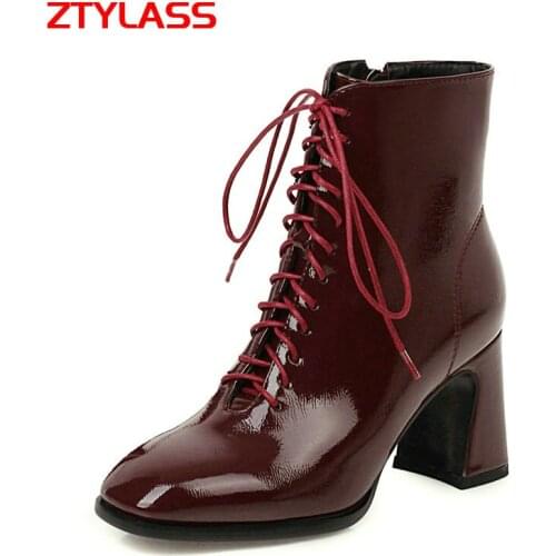 Fashion Zipper Cross Tied Women Boots Patent Leather Thick High Heel Ankle Boots Ladies Square Toe Autumn Winter Short Boots