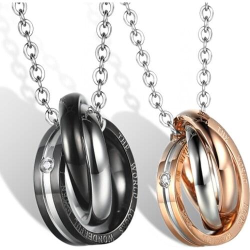 Couples Jewelry Necklaces Black Gold Romantic Couple Necklace Titanium Steel Crystal Round Pendants Necklace