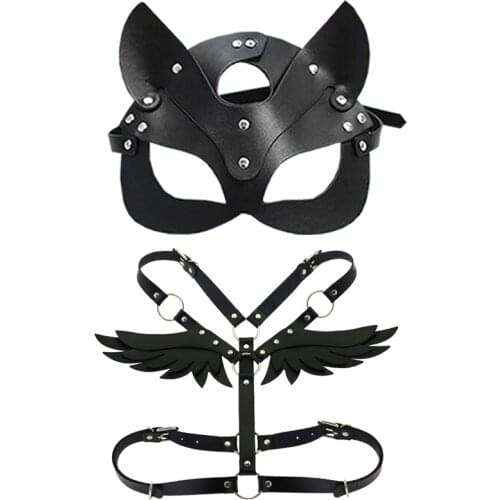 Hot Style Fashioned Womens Leather Top Harness Corset Belt Chest Angel Wings Straps and Masks