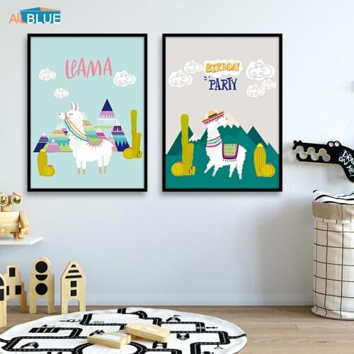 Nordic Lovely Cartoon Animal Alpaca Landscape Posters And Prints Canvas Painting Wall Art Pictures For Kids Room Bedroom Quote