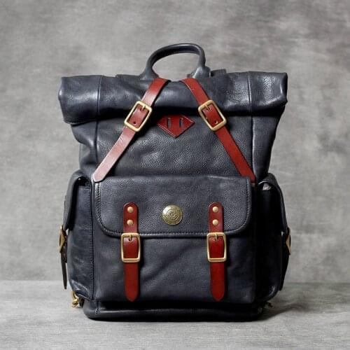 Vintage Oxhide Top Layer Cow Leather Shoulder Bag Handmade Head Leather Backpack Cowhide Mens Computer Bag