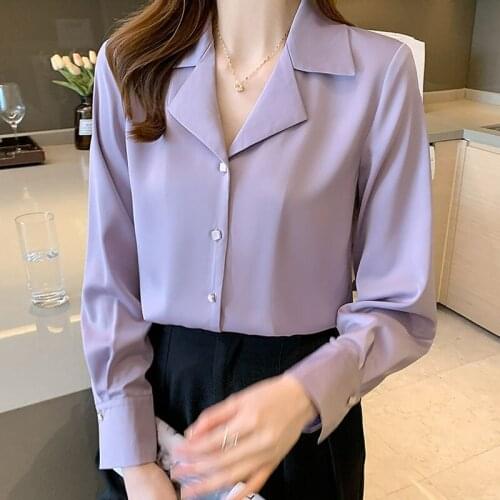 Vetement femme 2021 Autumn Blouses Women Solid V-Neck Elegant fashion Shirt Drooping Loose Retro Satin Long Sleeves Purple 1056