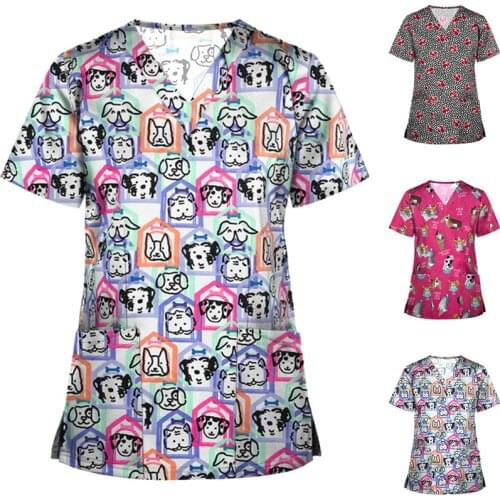Women Cute Cartoon Print Nursing Scrubs Tops T Shirt Casual Short Sleeve Women Scrubs Uniforms Nurse V-neck Pocket Women Clothes