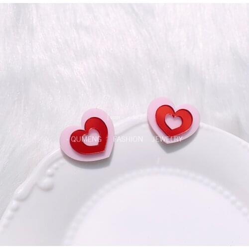 Trend 2021 Lovely Girl sweet Double Heart Love Mirror Ear Studs Colorful Acrylic Little Fresh Earrings