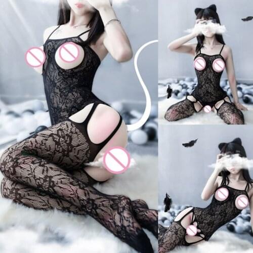 Women Sexy Hollow Fishnet Bodystockings Floral Lace Open Cup Crotchless Lingerie 23GE