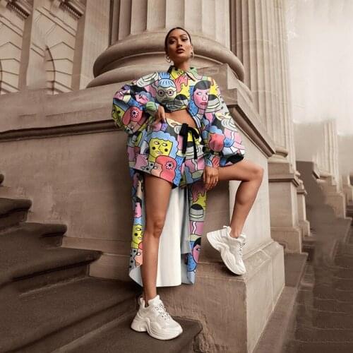 Two Piece Outfits Tracksuit Plus Size Cartoon Print Blouse Turn Down Long Shirt Short Set 2 Piece Set Women 2021 Spring Autumn