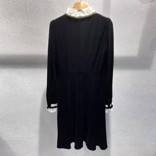 New Pre-Spring 2021 Women Arrival Velvet Black Ruffled Lace Patchwork Pearls Bow Elegant Office Ladies Dress