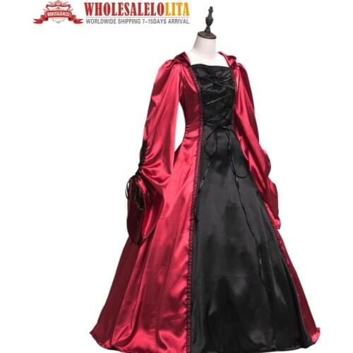 Womens One Piece Dress Party Costume Victorian rococo dress Masquerade Red Vintage Cosplay Plain Sateen Long Sle