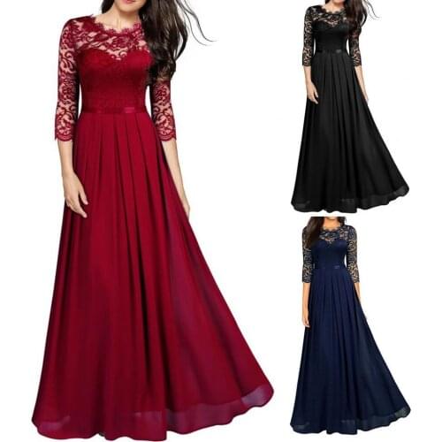 Fashion Stitching Lace Hollow Out Top Women Long Dress Pleated Large Hem O Neck 3/4 Sleeve A-Line Long Dress Ladies Clothing
